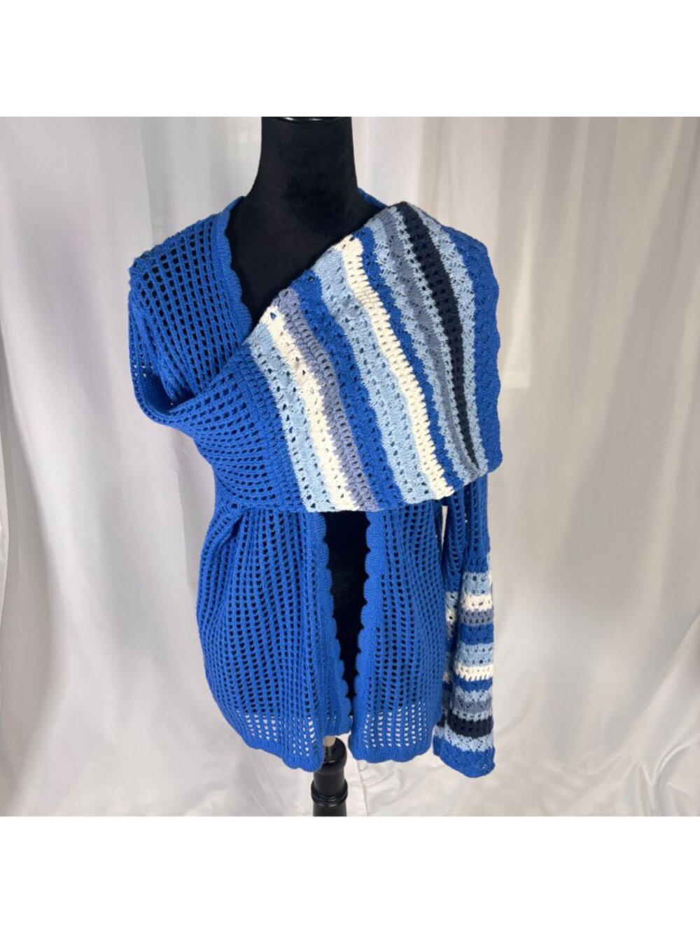 Cato Blue Crochet Cardigan XL Open-Front Boho Bell Sleeve Grandma Core Stripe - Picture 2 of 6
